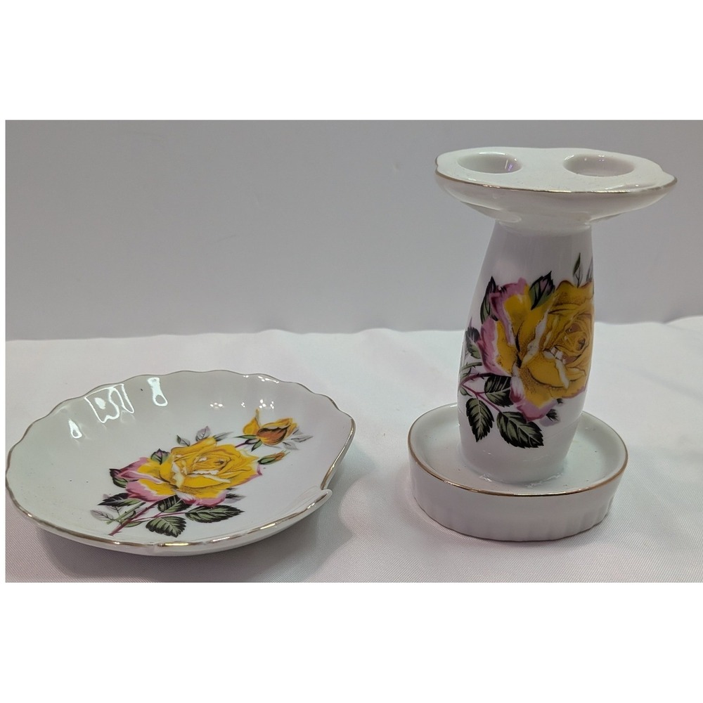 Unbranded Vanity Set Unisex OS White Excellent Vintage Yellow Rose Japan 2pc